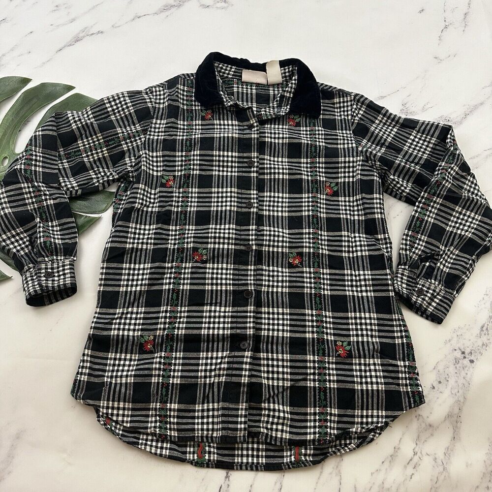 Basic Editions Womens Vintage 90s Christmas Flannel Shirt Size M Black Plaid